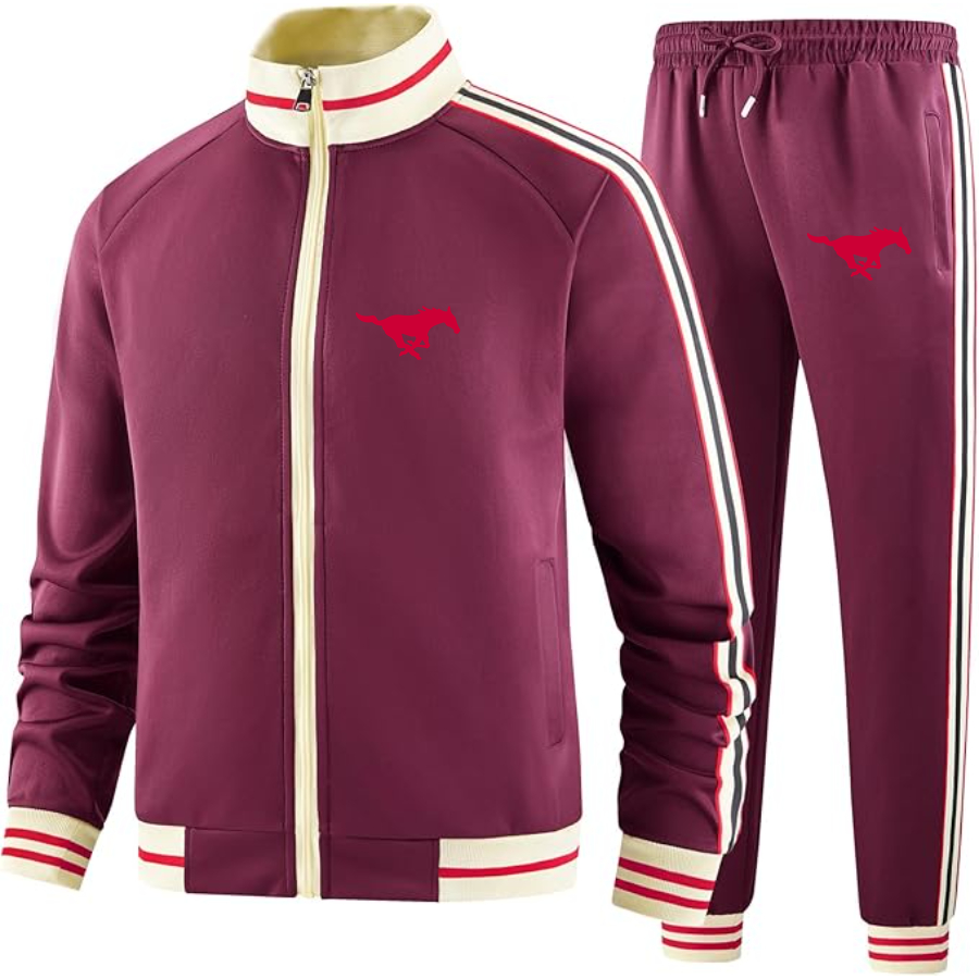 Men's SMU Mustangs Logo Tracksuit with Bold Striped Accents and Zippered Front Athletic Wear