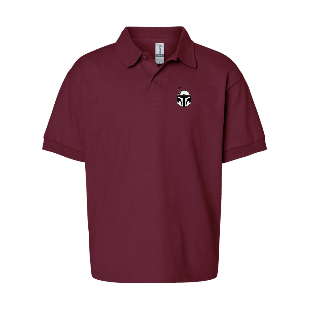 Youth Star Wars Boba Fett Helmet Gildan Dry Blend Jersey Polo