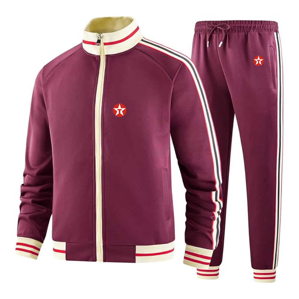 Men's Texaco Logo  Tracksuit with Bold Striped Accents and Zippered Front Athletic Wear