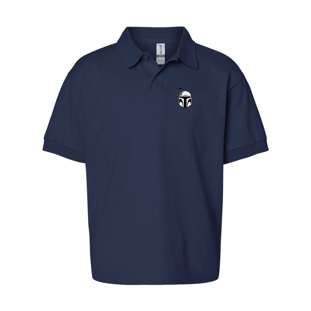 Youth Star Wars Boba Fett Helmet Gildan Dry Blend Jersey Polo