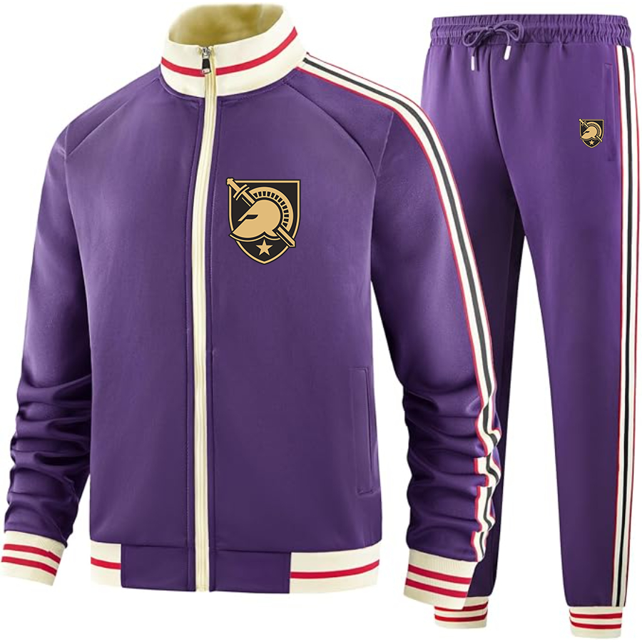 Men's   Army Black Knights  Two Piece Designer Tracksuit with Bold Striped Accents and Zippered Front Elevated Athletic