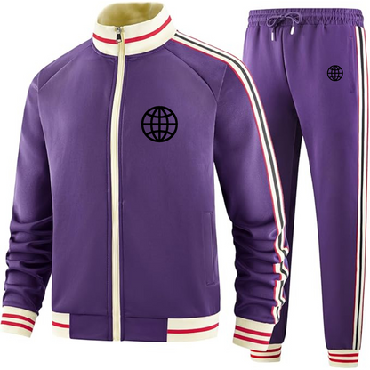 Men's Internet Globe  Two Piece Designer Tracksuit with Bold Striped Accents and Zippered Front Elevated Athletic