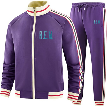 Men's R.E.M. Blue Two Piece Designer Tracksuit with Bold Striped Accents and Zippered Front Elevated Athletic