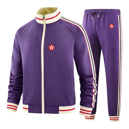 Men's Texaco Logo  Tracksuit with Bold Striped Accents and Zippered Front Athletic Wear