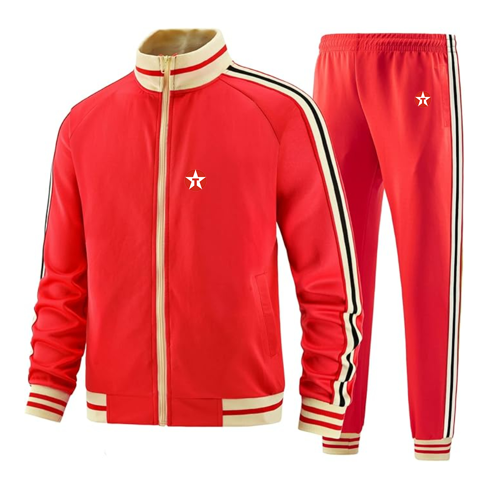 Men's Texaco Logo  Tracksuit with Bold Striped Accents and Zippered Front Athletic Wear