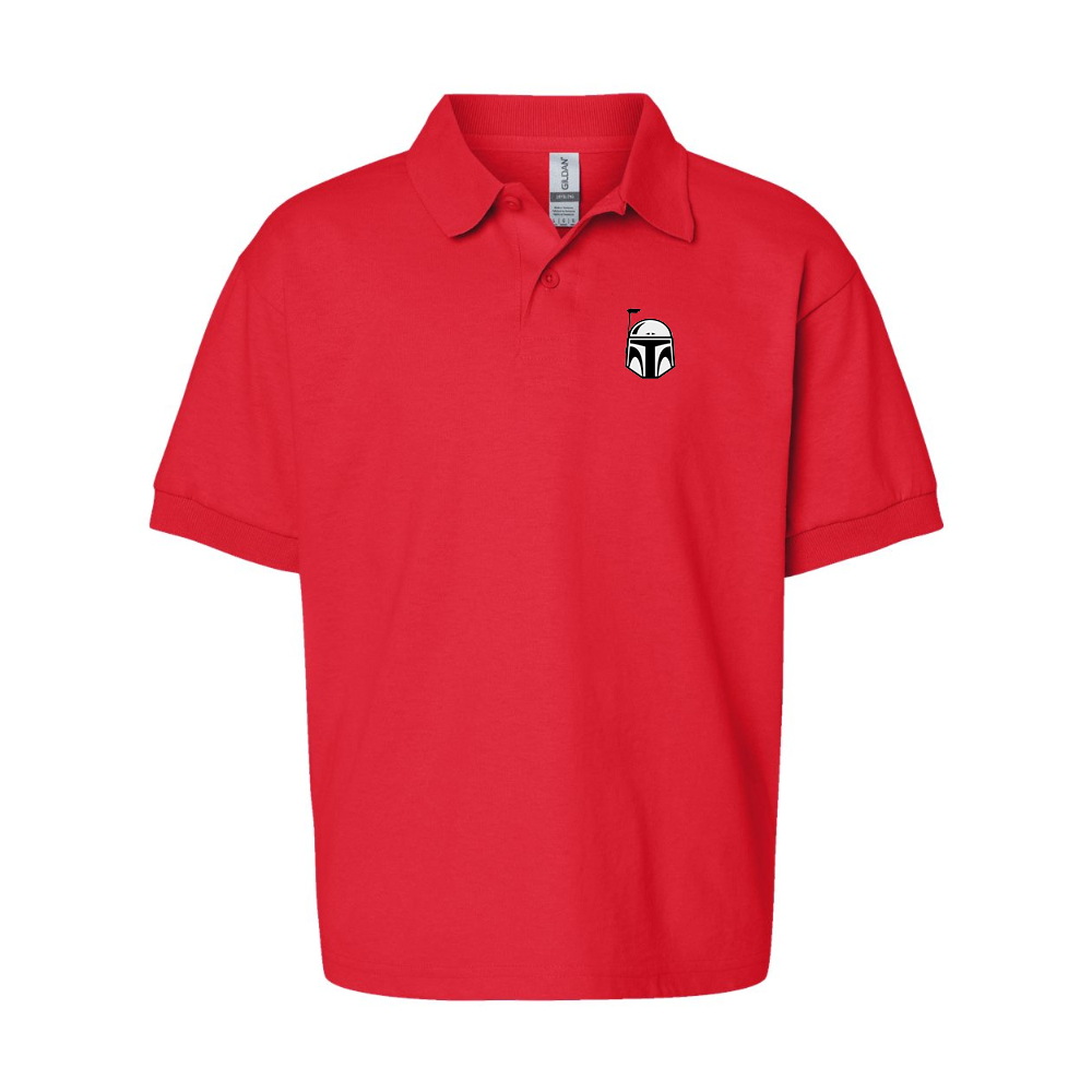 Youth Star Wars Boba Fett Helmet Gildan Dry Blend Jersey Polo