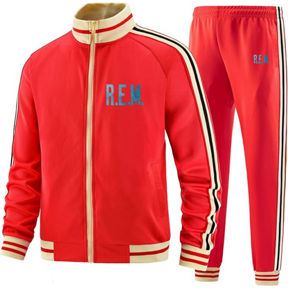 Men's R.E.M. Blue Two Piece Designer Tracksuit with Bold Striped Accents and Zippered Front Elevated Athletic