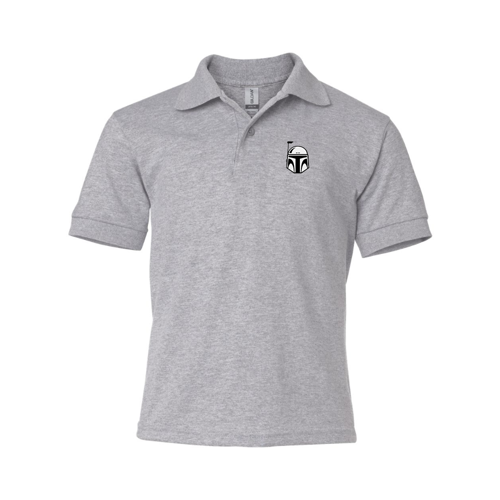 Youth Star Wars Boba Fett Helmet Gildan Dry Blend Jersey Polo